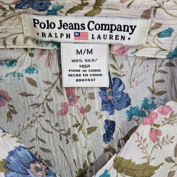 Ralph Lauren Polo Jeans Company 100% Silk Cream Floral Button-Up Shirt Fairycore - Picture 8 of 9